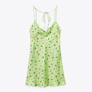 ZARA SHORT SATIN EFFECT DRESS LIGHT LIME GREEN FLORAL SIZE MEDIUM